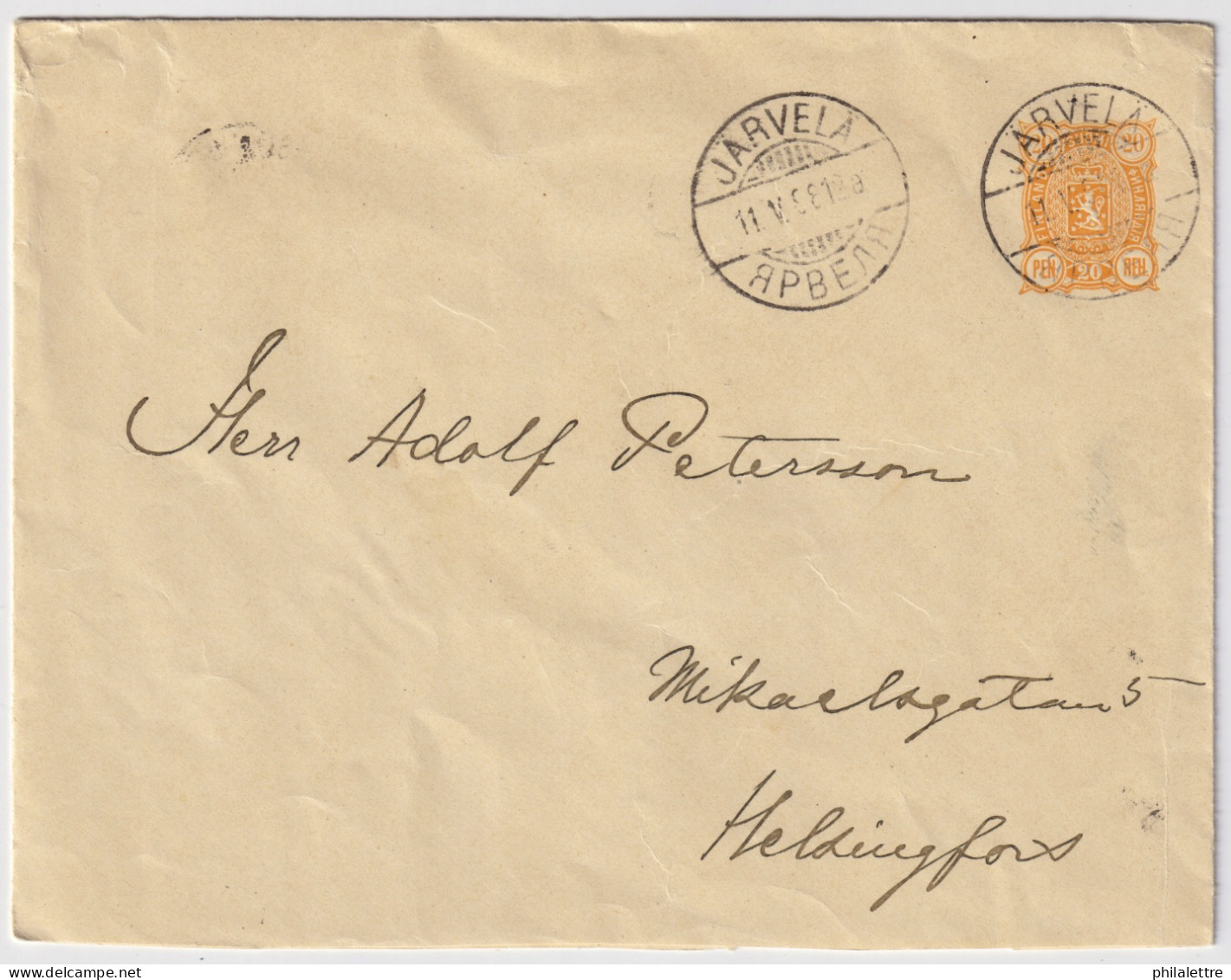 FINLAND - 1898 - "JÄRVELLA / ЯРВЕЛЯ" Bi-lingual Date Stamp On 20p Orange Postal Envelope To Helsinki - Very Fine - Enteros Postales