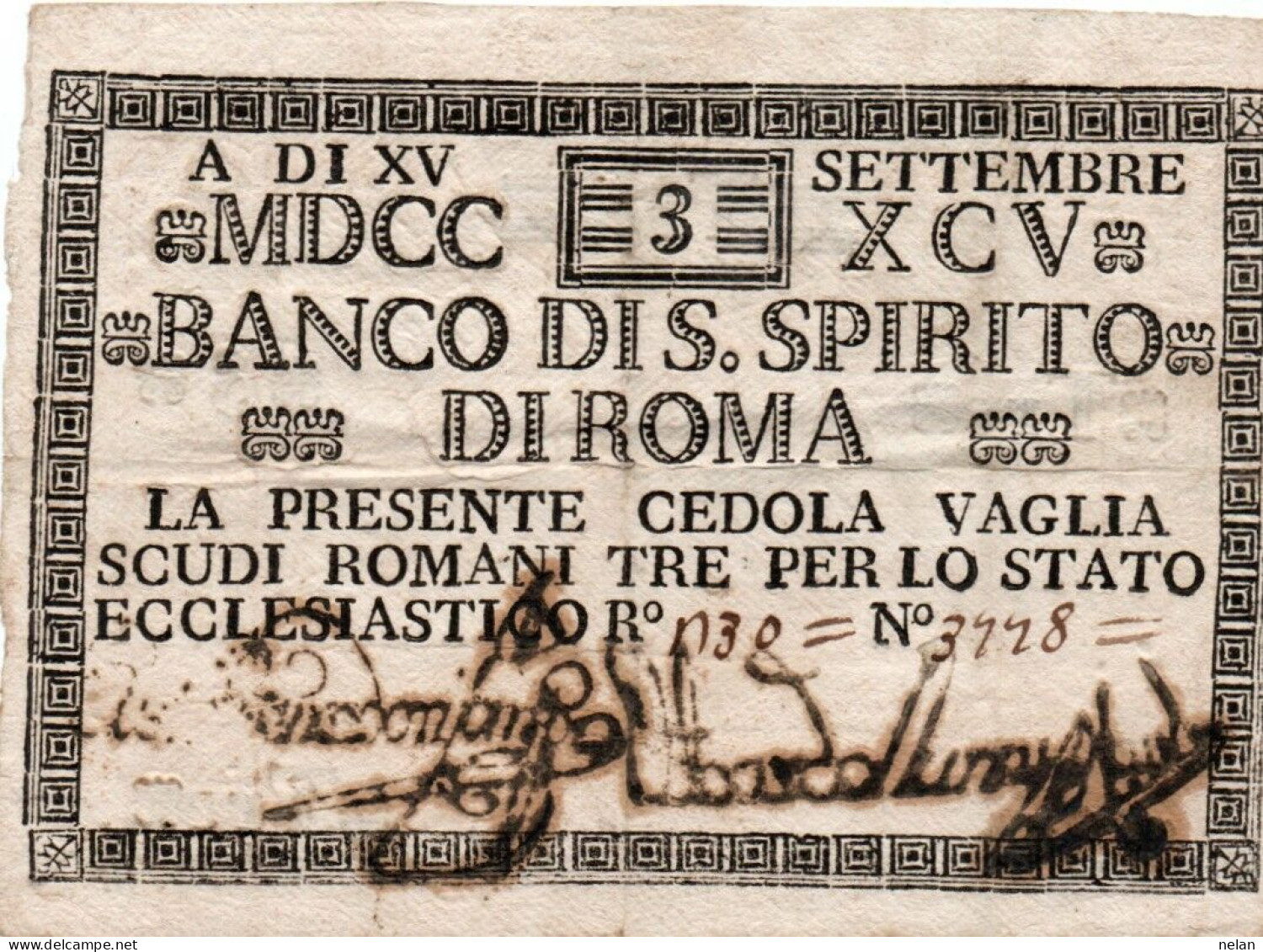 ITALIA - BREPU. ROMANA - CEDOLA 3 SCUDI - STATO PAPALE 1795 - BANCO DI S.SPIRITO DI ROMA - Other & Unclassified