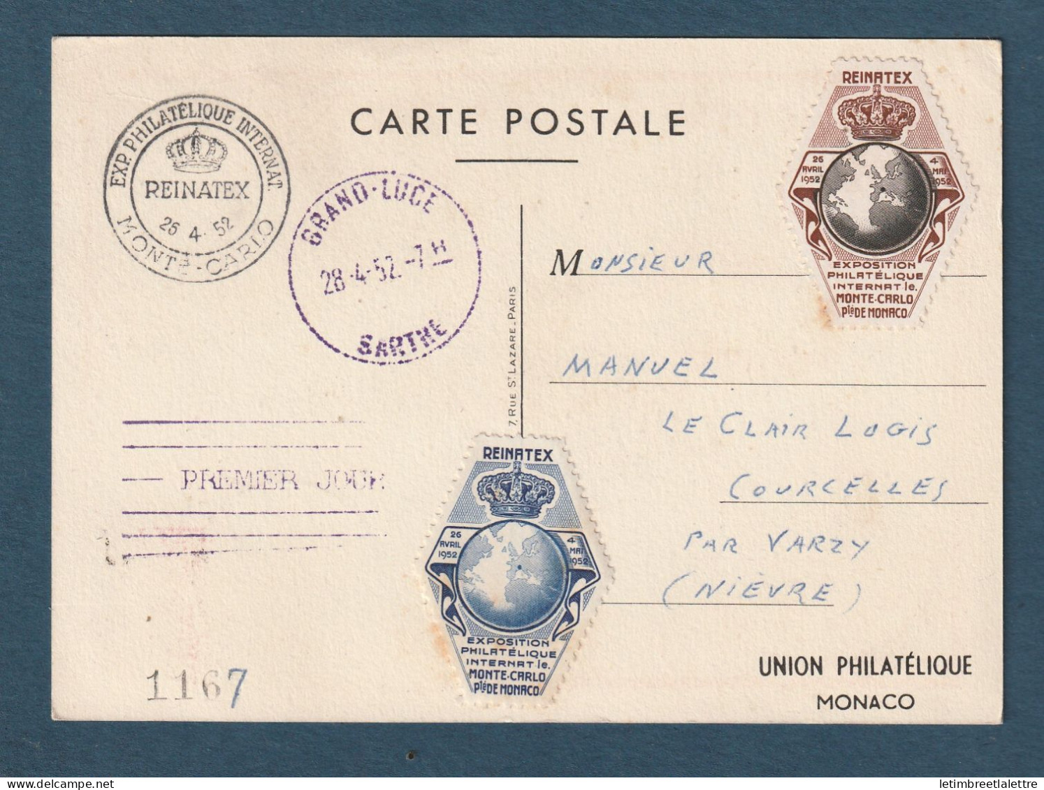 Monaco - Carte Maximum - Reinatex Exposition Philatélique - 1952 - Maximumkaarten