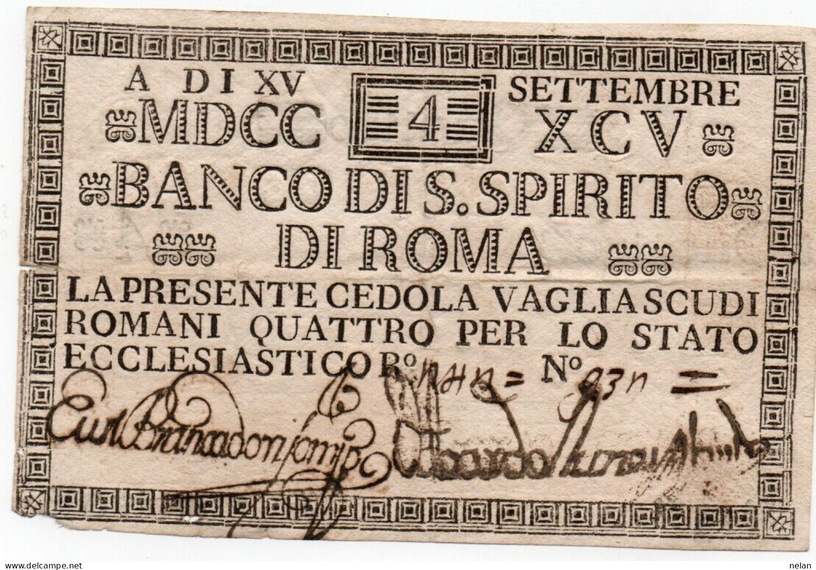 ITALIA - REP. ROMANA - CEDOLA 4 SCUDI- STATO PAPALE 1795 - BANCO DI S.SPIRITO DI ROMA - Altri & Non Classificati