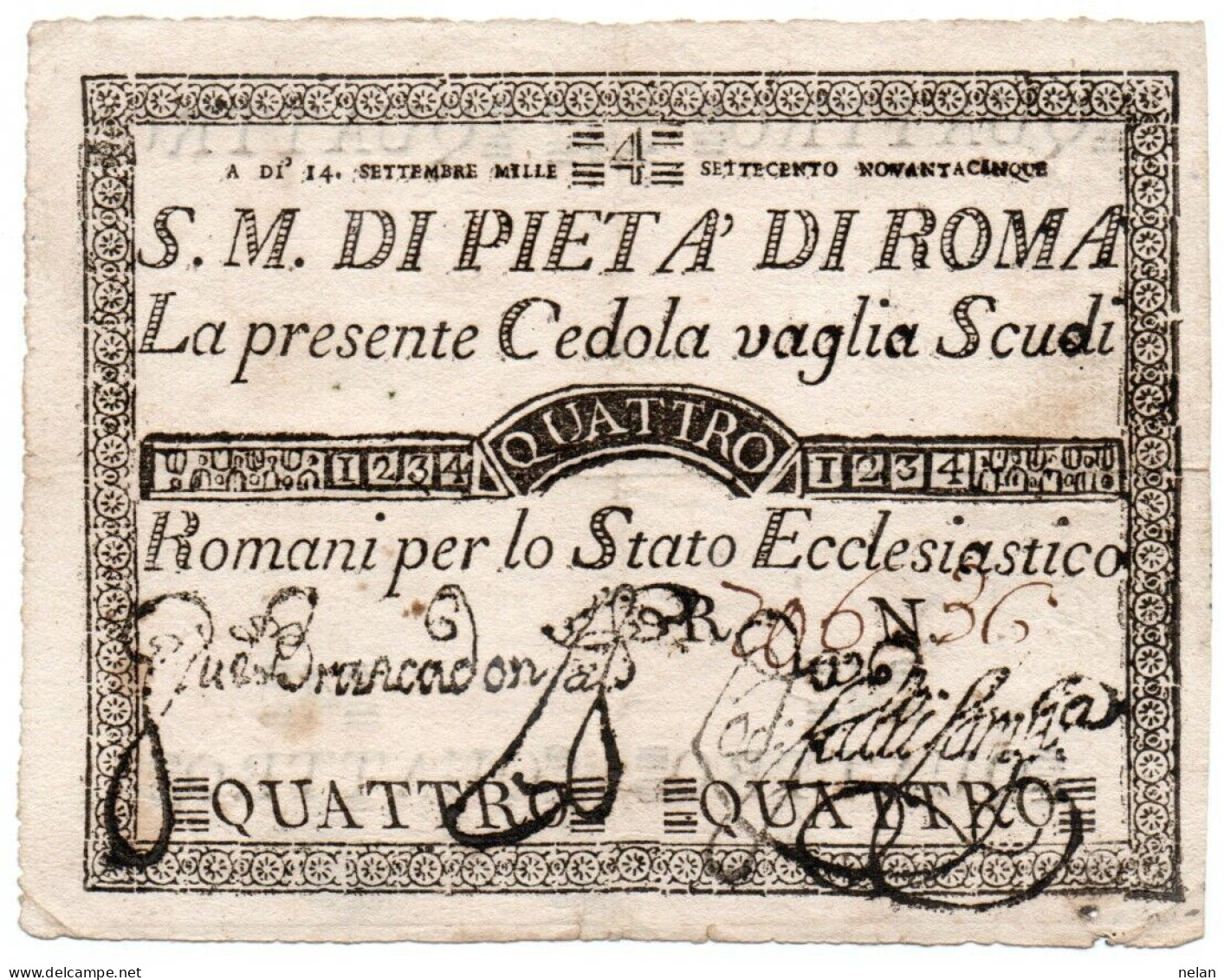 ITALIA - REPUBBLICA ROMANA - CEDOLA 4 SCUDI - STATO PAPALE 1795-S.M.DI PIETA DI ROMA - Autres & Non Classés
