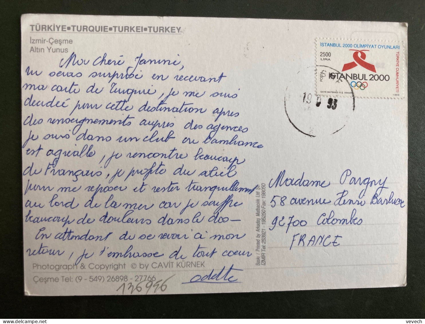 CP Pour La FRANCE TP JO ISTANBUL 2000 2500L OBL.19 9 93 CESME - Briefe U. Dokumente