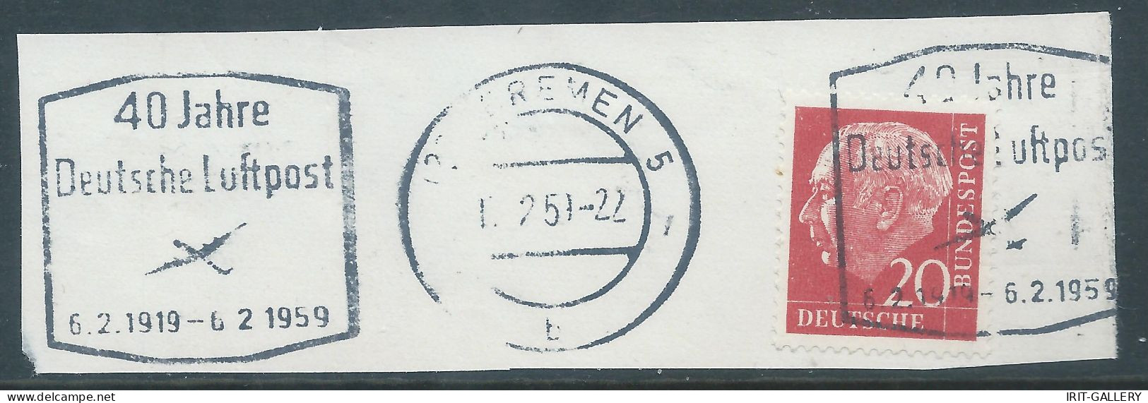 Germany-Deutschland,On Cut Paper1954 Stamp 20pgCarmine Fluorescent Paper,obliterated 40Jahre1919-1959,Deutsche,Luft Post - Gebraucht