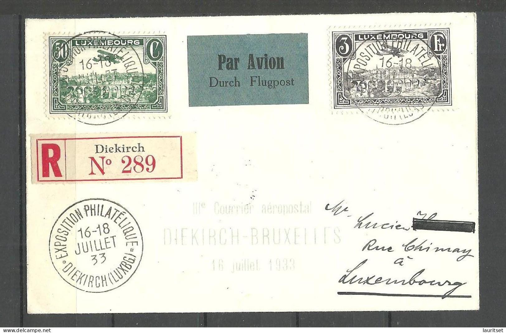 LUXEMBOURG Luxemburg 1933 Registered Air Mail Cover Diekirch Expostition Philatelique Special Cancel Mi 250 - 251 - Covers & Documents