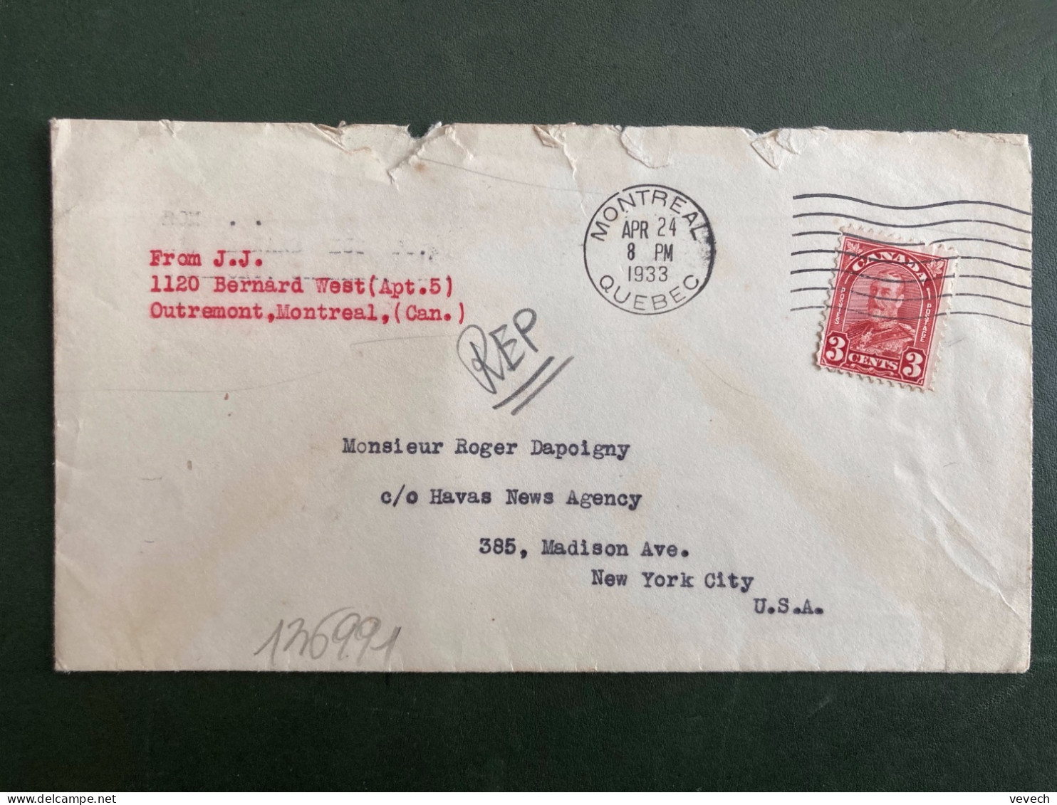 LETTRE Pour USA TP 3c OBL.MEC. APR 24 1933 MONTREAL Pour Roger DAPOIGNY - Cartas & Documentos