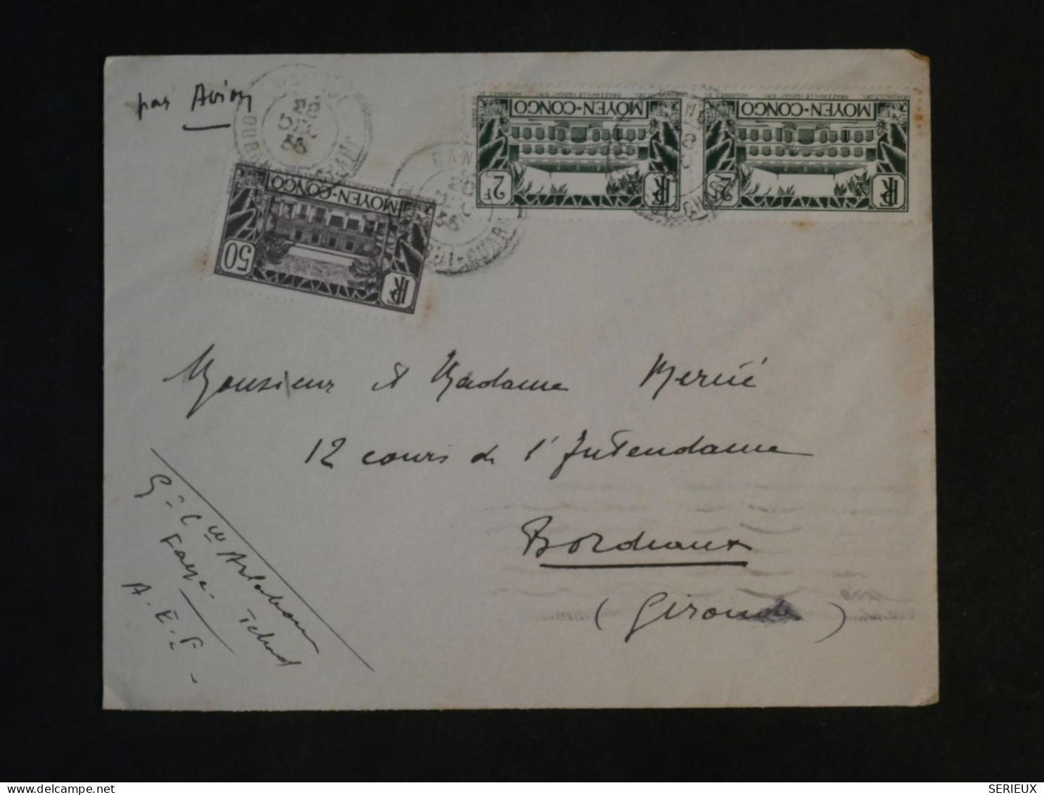 BV18 MOYEN CONGO BELLE LETTRE  1933  A BORDEAUX FRANCE ++AFF. INTERESSANT ++ - Lettres & Documents