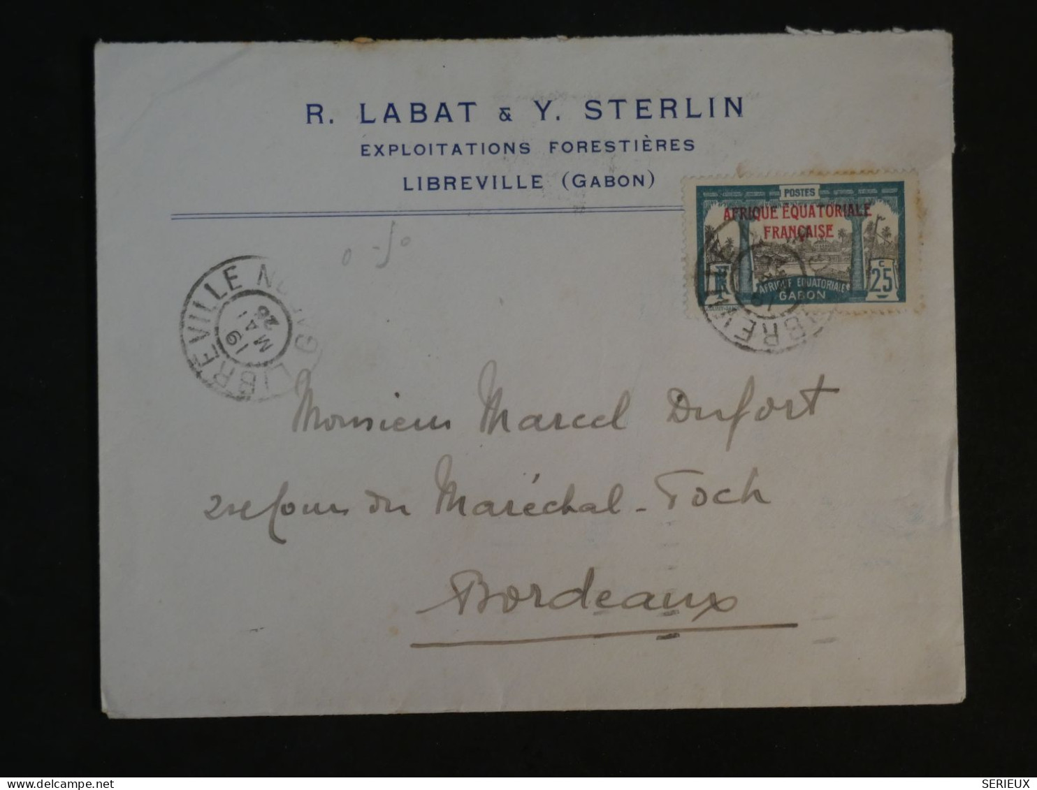 BV18 AEF  GABON BELLE LETTRE RR  1925 LIBREVILLE  A BORDEAUX FRANCE ++AFF. INTERESSANT ++ - Cartas & Documentos