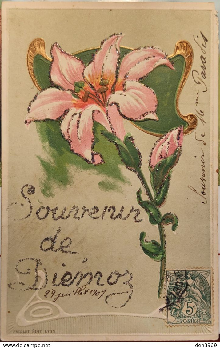 Souvenir De DIEMOZ (Isère) + Paillettes - Fleurs - Voyagé 1907 (2 Scans) Perenet, Raffinerie De Sucre Rue Des Docks Lyon - Diémoz