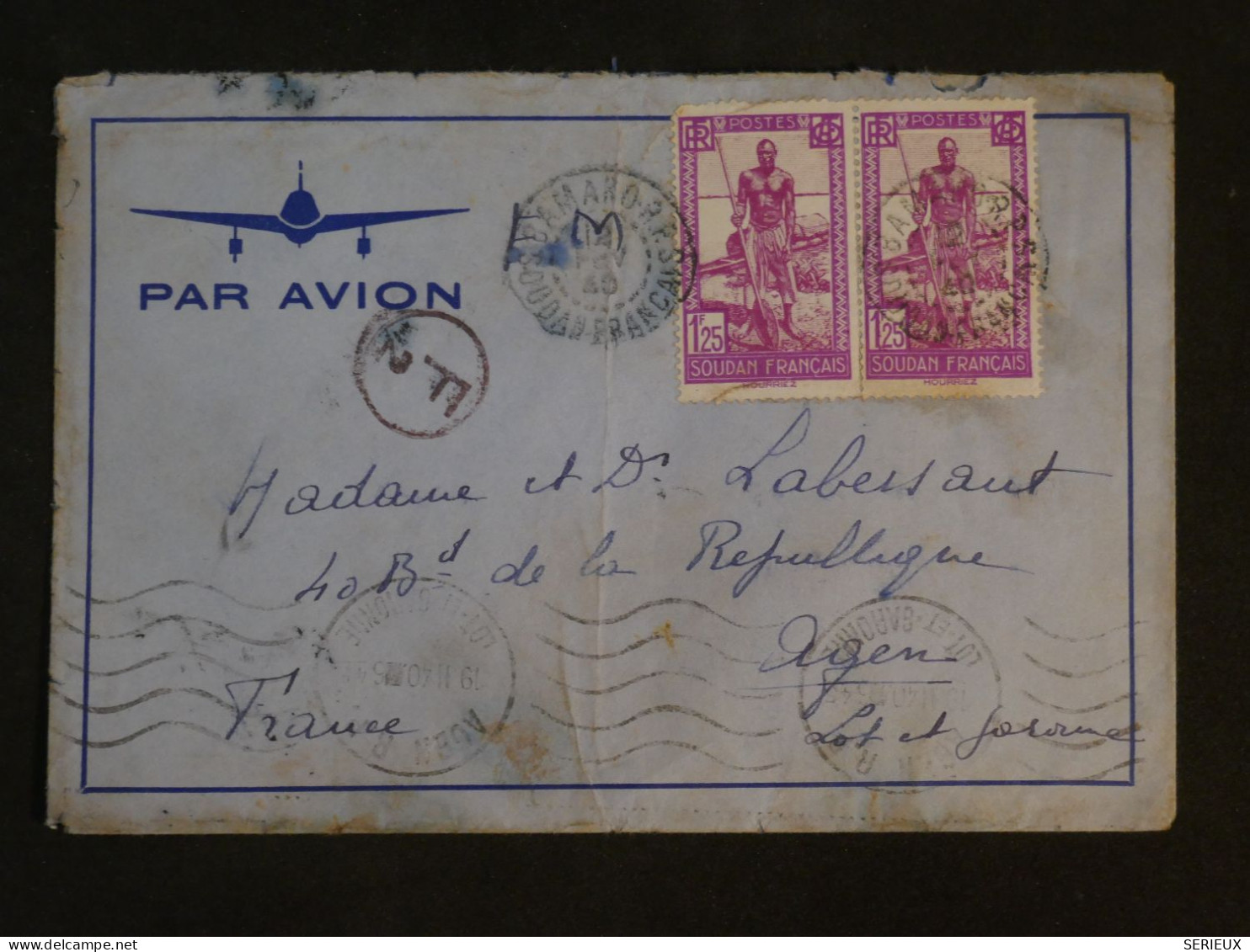 BV18  SOUDAN BELLE LETTRE RR  1928 BAMAKO A AGEN  FRANCE +PAIRE DE TP +AFF. INTERESSANT ++ - Cartas & Documentos