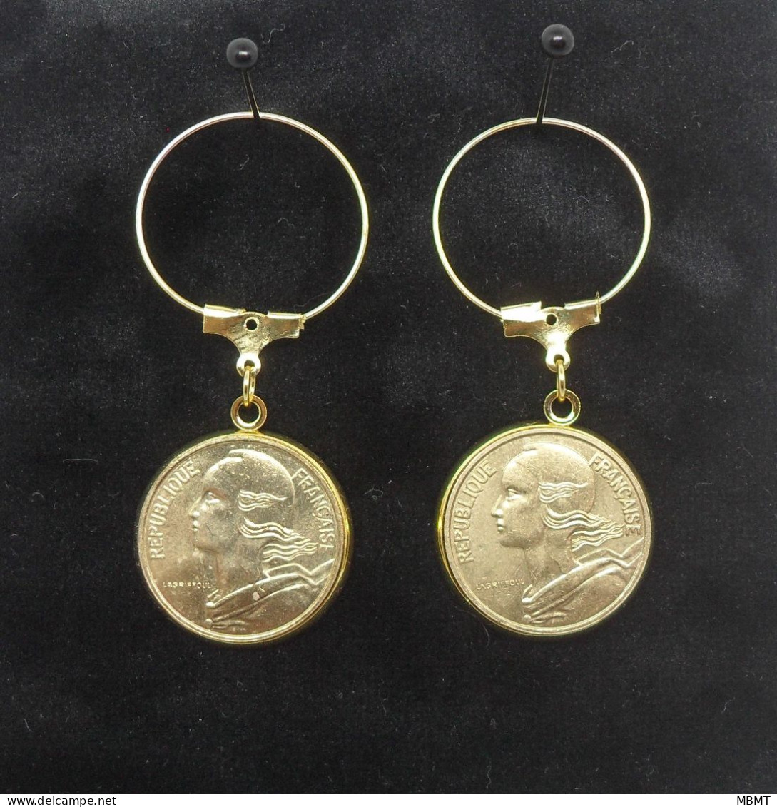 Boucles D'oreilles Anneaux 10 Centimes Marianne  - Bijoux Avec Ancienne Monnaie Française - Ohrringe