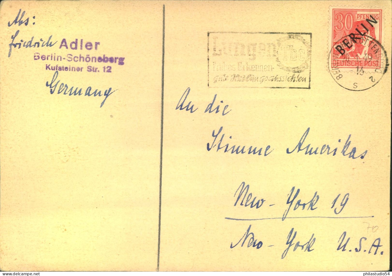 1949,  30 Pfg. Schwarzaufdruck Als EF Auf Postkarte Nach New York - Covers & Documents