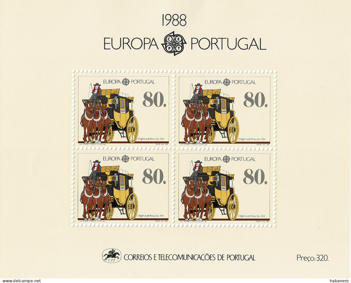 PORTUGAL 1988 Mi BL 57 CEPT EUROPA HORSE ANS COACH MINT MINIATURE SHEET ** - Diligences