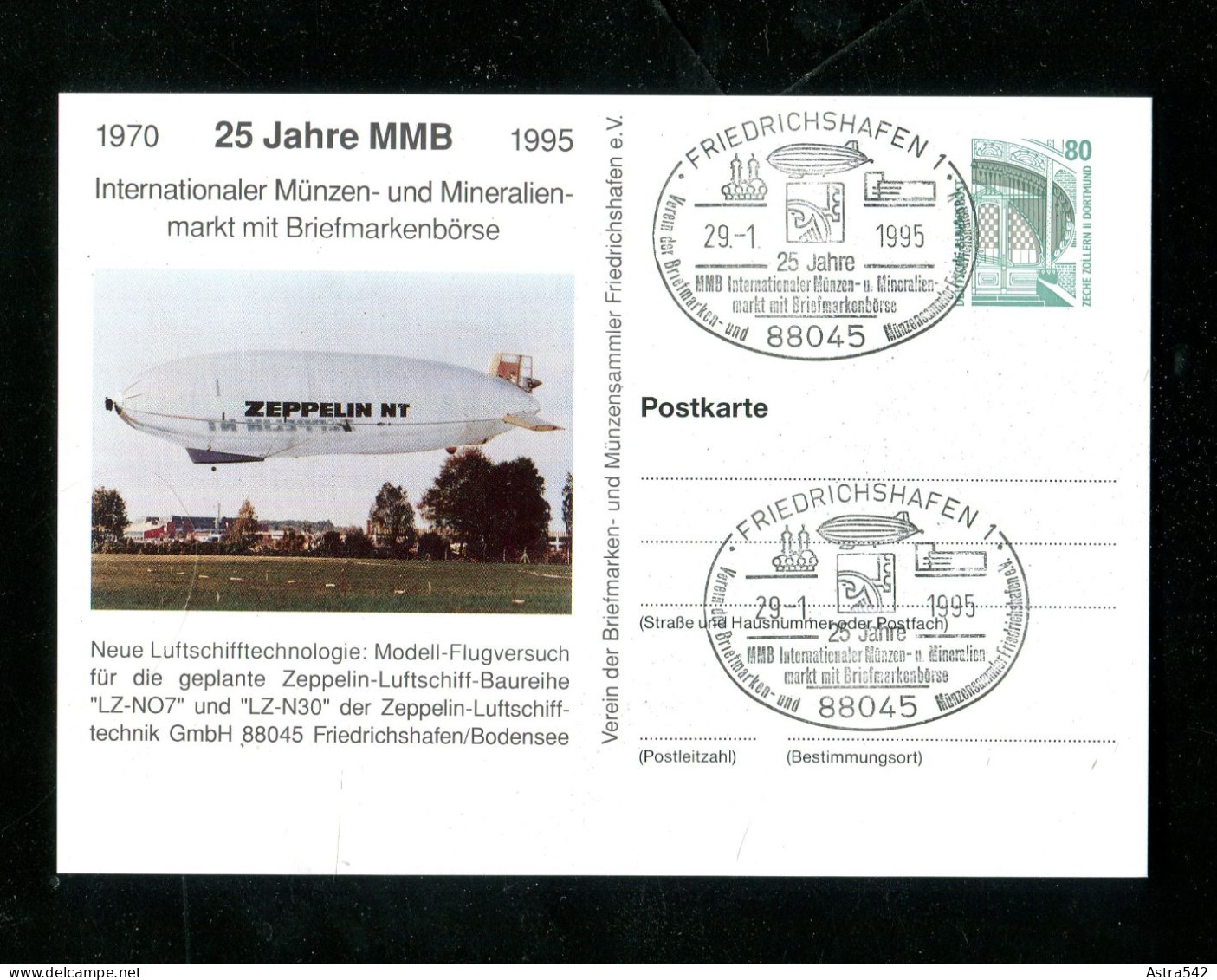 "BUNDESREPUBLIK DEUTSCHLAND" 1995, Privatpostkarte "Zeppelin-Luftschiff" SSt. "Friedrichshafen" (17829) - Postales Privados - Usados