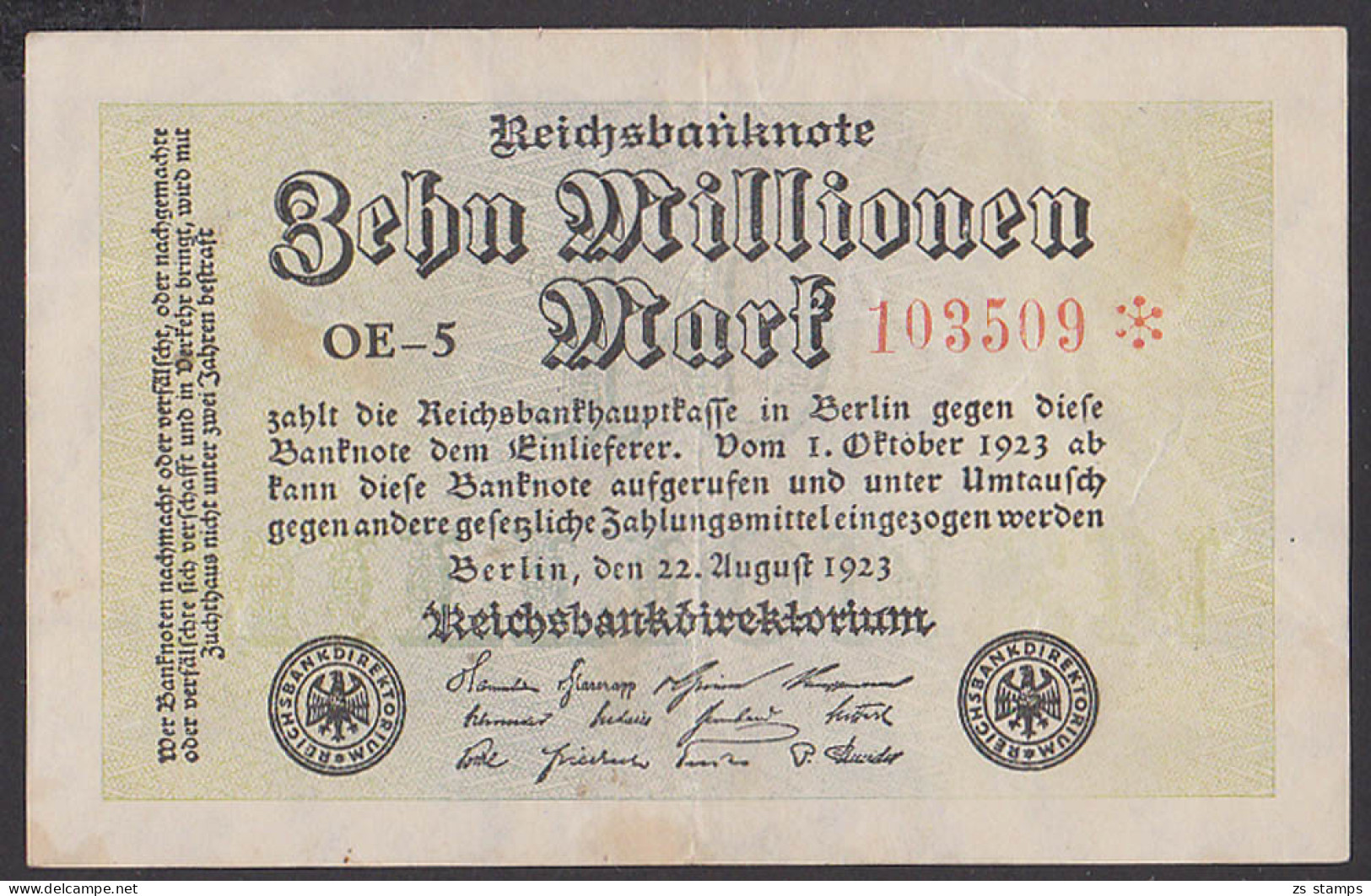 Reichsbanknote 10 Millionen - Rosenberg 105 Mit FZ: OE-5 Deutsches Reich - 10 Mio. Mark