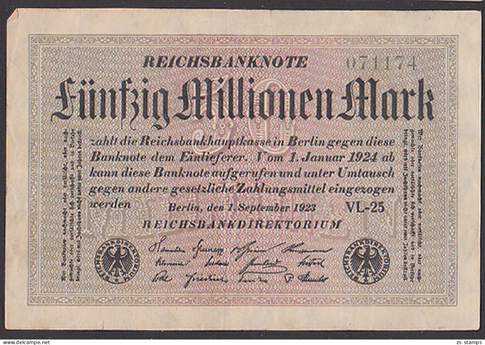 Reichsbanknote 50 Millionen - Rosenberg 108 Mit FZ: VL-25, Germany - 50 Millionen Mark