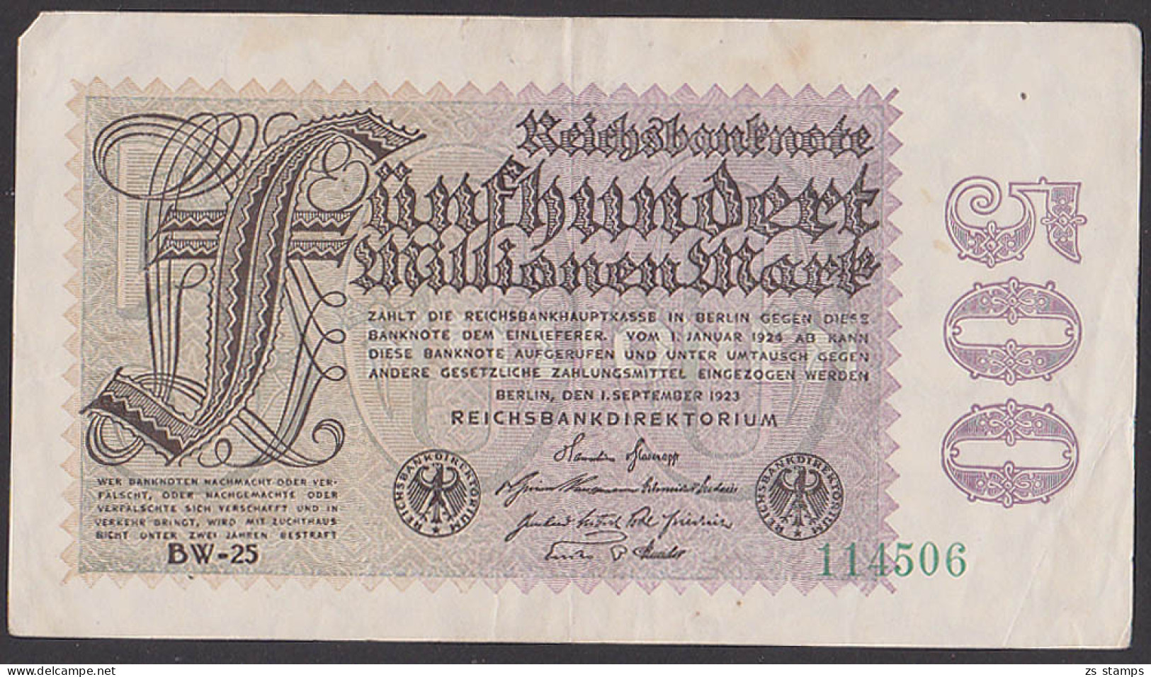 Reichsbanknote 500 Millionen Vom 1.9.1923 - Rosenberg 109, Kb: BW-25 - 500 Millionen Mark