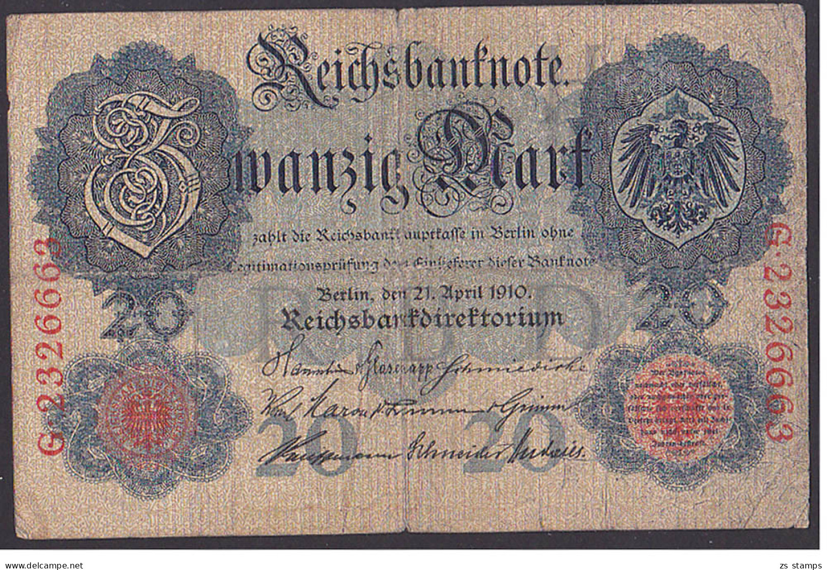 Reichsbanknote 20 Mark Vom 21.4.1910 - Rosenberg 40, Starke Gebrauchsspuren - 20 Mark