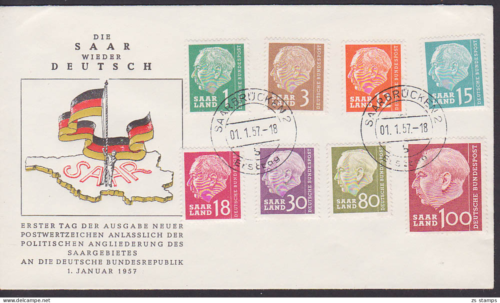 Saarland Wieder Deutsch FDC Mit Allen Werten Aus Th. Heuss I (120,-) Vom 1.1.1957 - Storia Postale