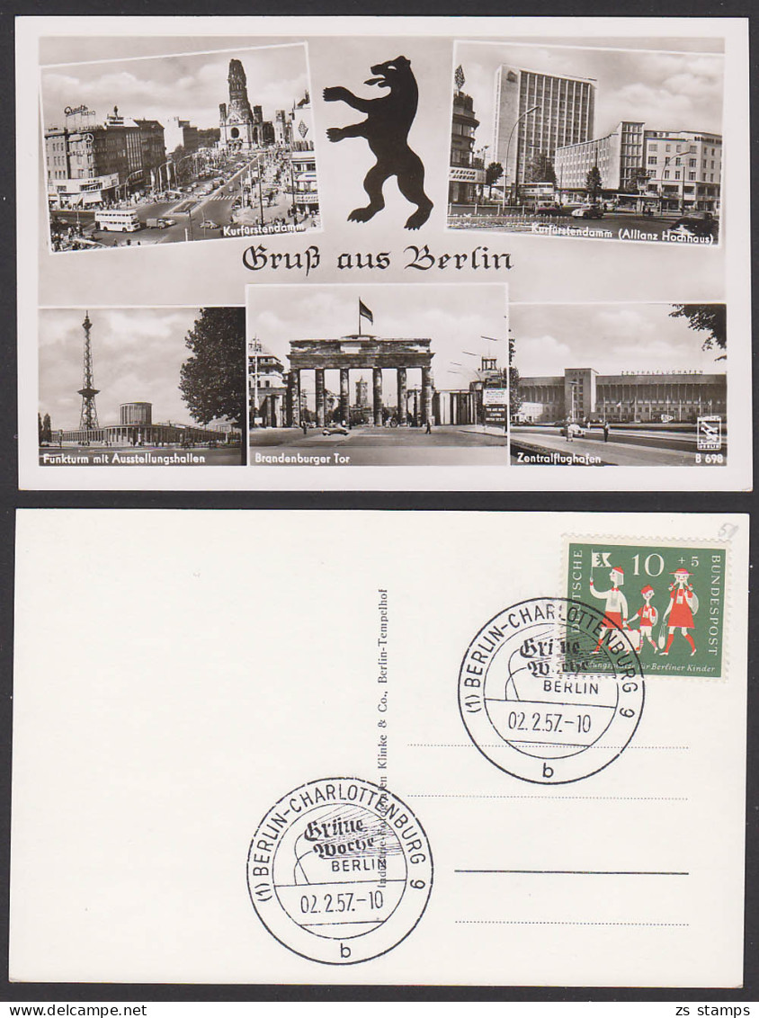 Grüne Woche Berlin Charlottenburg, SoSt. 2.2.57 Photokarte Zentralflughafen Berliner Bär Funkturm Kurfürstendamm - Franking Machines (EMA)