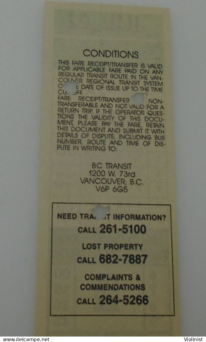 Canada-BC TRANSIT VANCOUVER-Fare Receipt Transfer - Welt