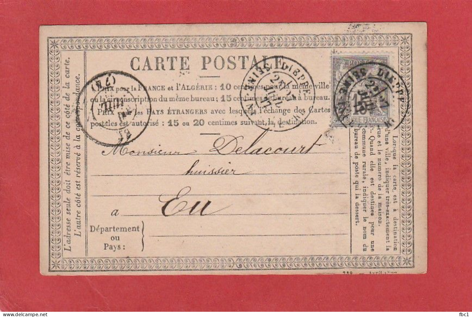 Seine Maritime - Dieppe - Type Sage 15C Sur Carte Postale 1877 Vers Eu - Cartes Précurseurs