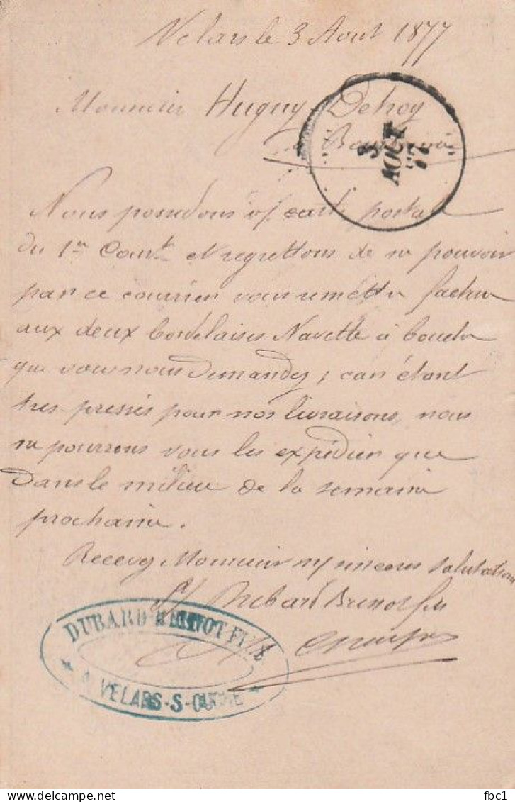 Côte D'Or - Velars Sur Ouche - Type Sage 15C Sur Carte Postale 1877 Vers Bourbonne Les Bains - Cartes Précurseurs