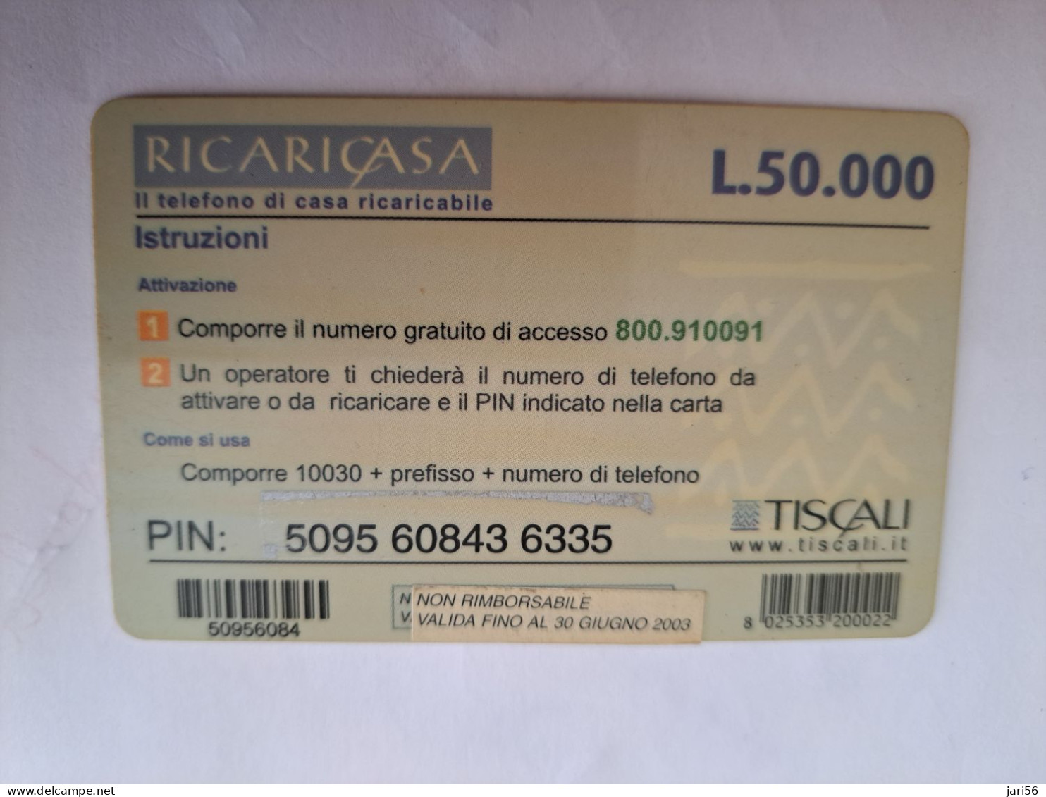 ITALIA  TELECOM ITALIA  TISCALI  LIRE 50000  PREPAIDS CARD   / USED     ** 14037** - Otros & Sin Clasificación