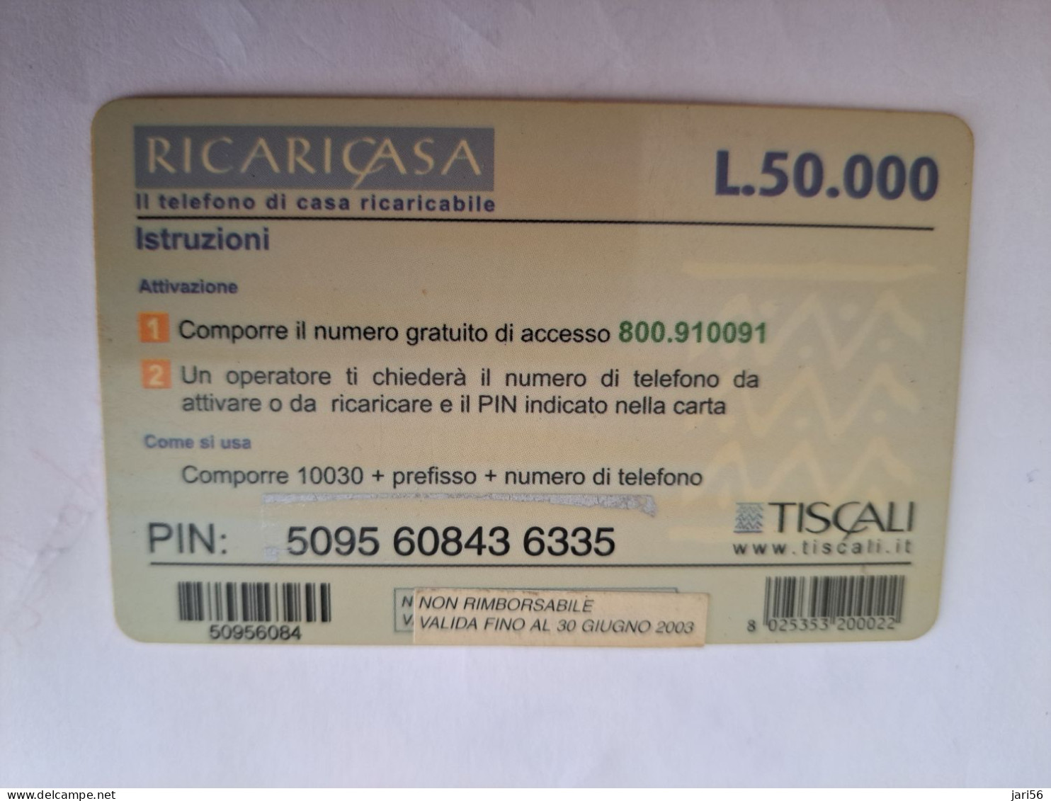 ITALIA  TELECOM ITALIA  TISCALI  LIRE 50000  PREPAIDS CARD   / USED     ** 14037** - Altri & Non Classificati