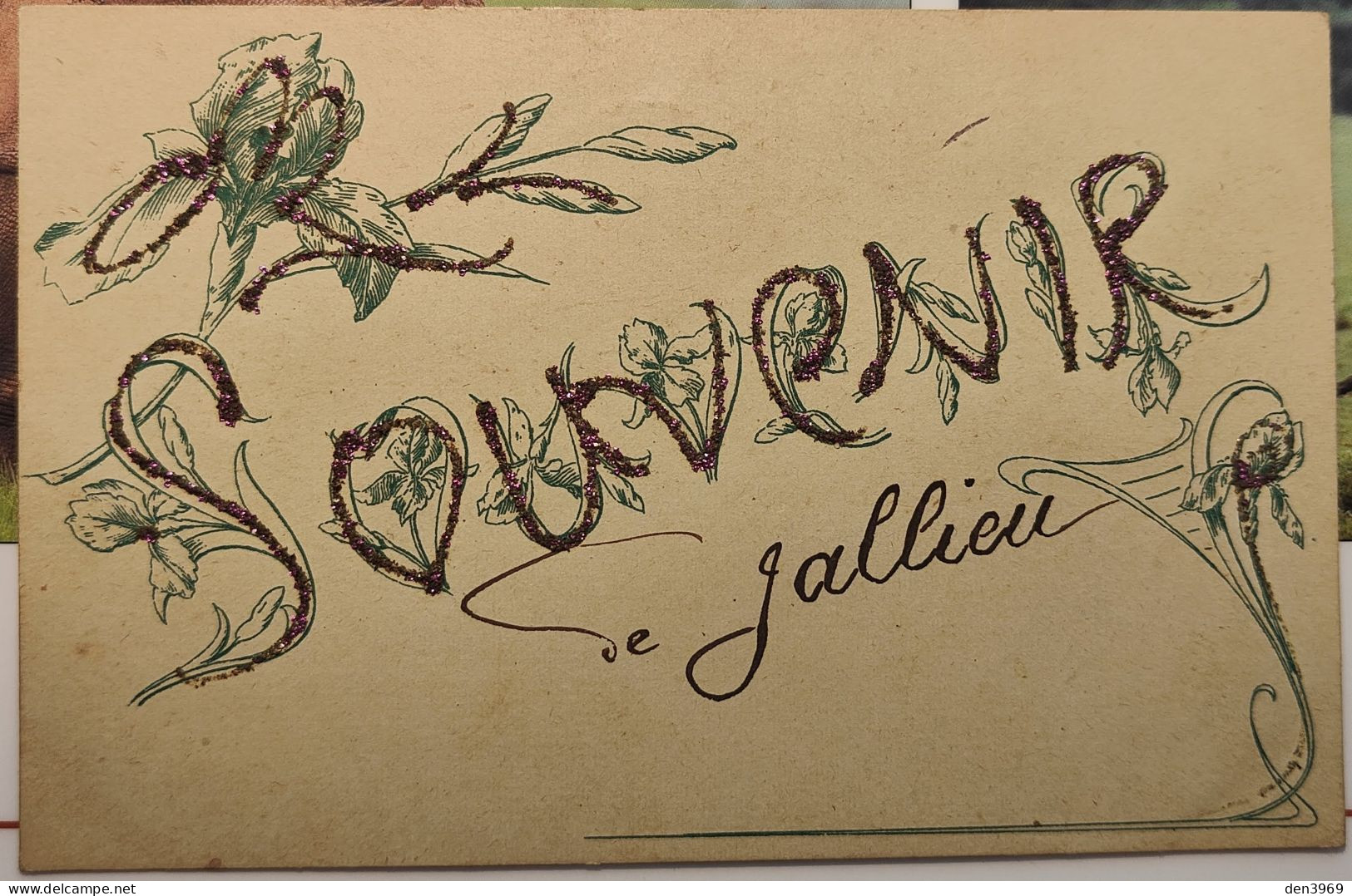 Souvenir De JALLIEU (Isère) Avec Paillettes - Voyagé 1909 (2 Scans) Marie Dupont Modiste 13 Rue De La Gare, Tenay Ain 01 - Jallieu