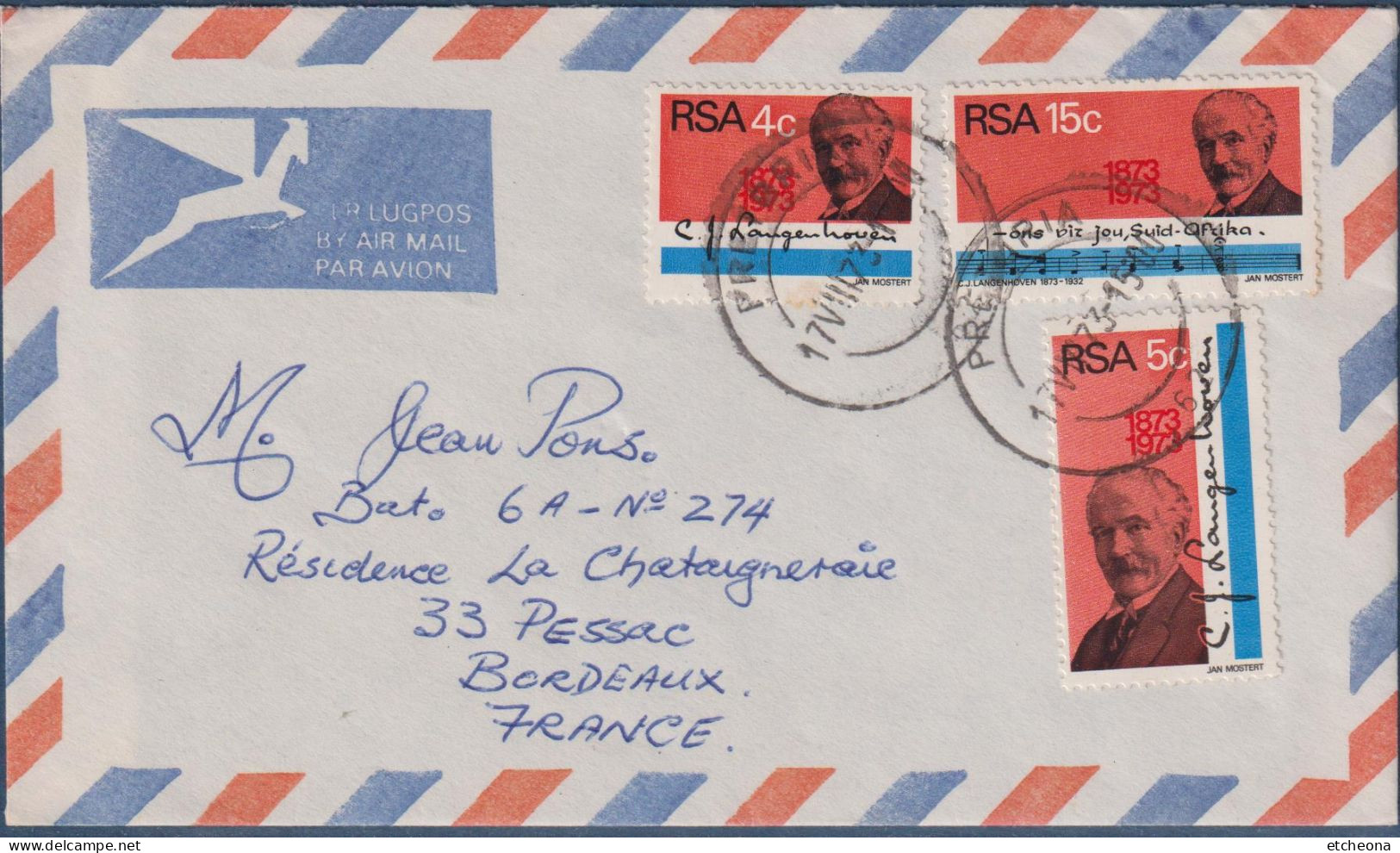 Enveloppe Par Avion Afrique Du Sud RSA 3 Timbres Prétoria 17.VIII.73 Vers Pessac (33 - France) - Lettres & Documents