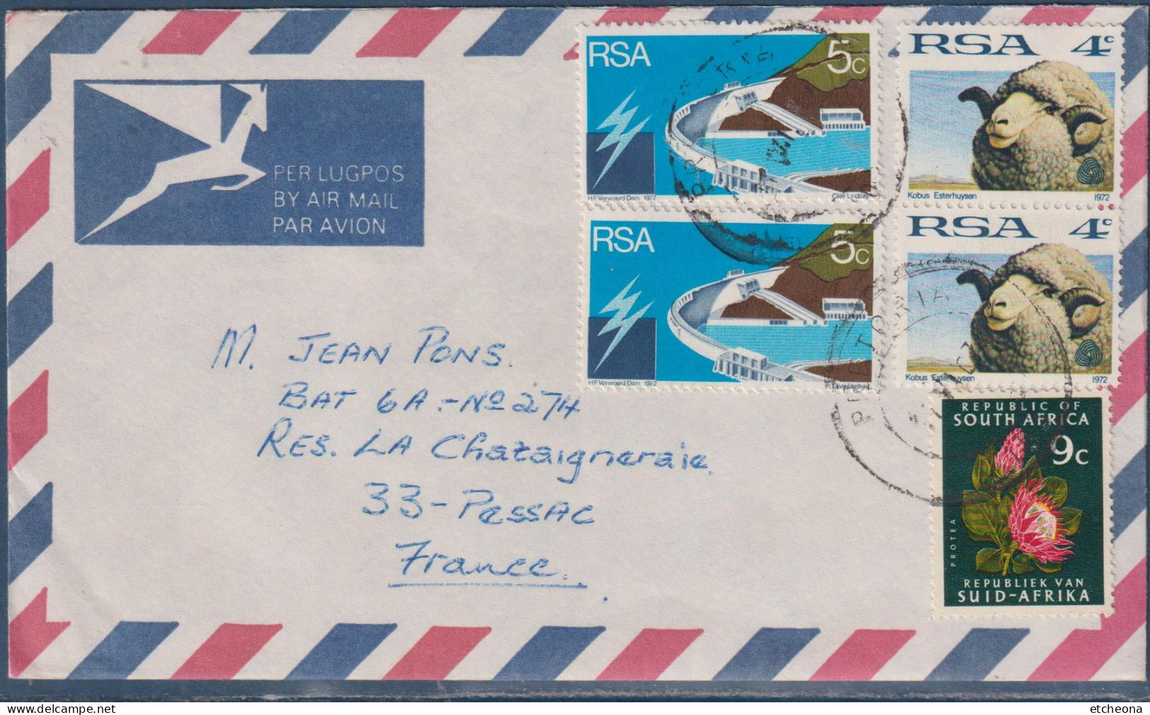 Enveloppe Par Avion Afrique Du Sud RSA 5 Timbres Prétoria 31.VI.74 Vers Pessac (33 - France) - Brieven En Documenten