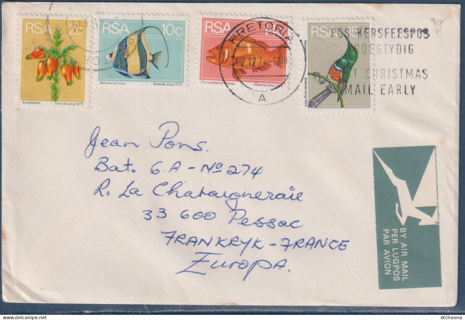 Enveloppe Par Avion Afrique Du Sud RSA 4 Timbres Prétoria 2.12.74 Vers Pessac (33 - France) - Lettres & Documents