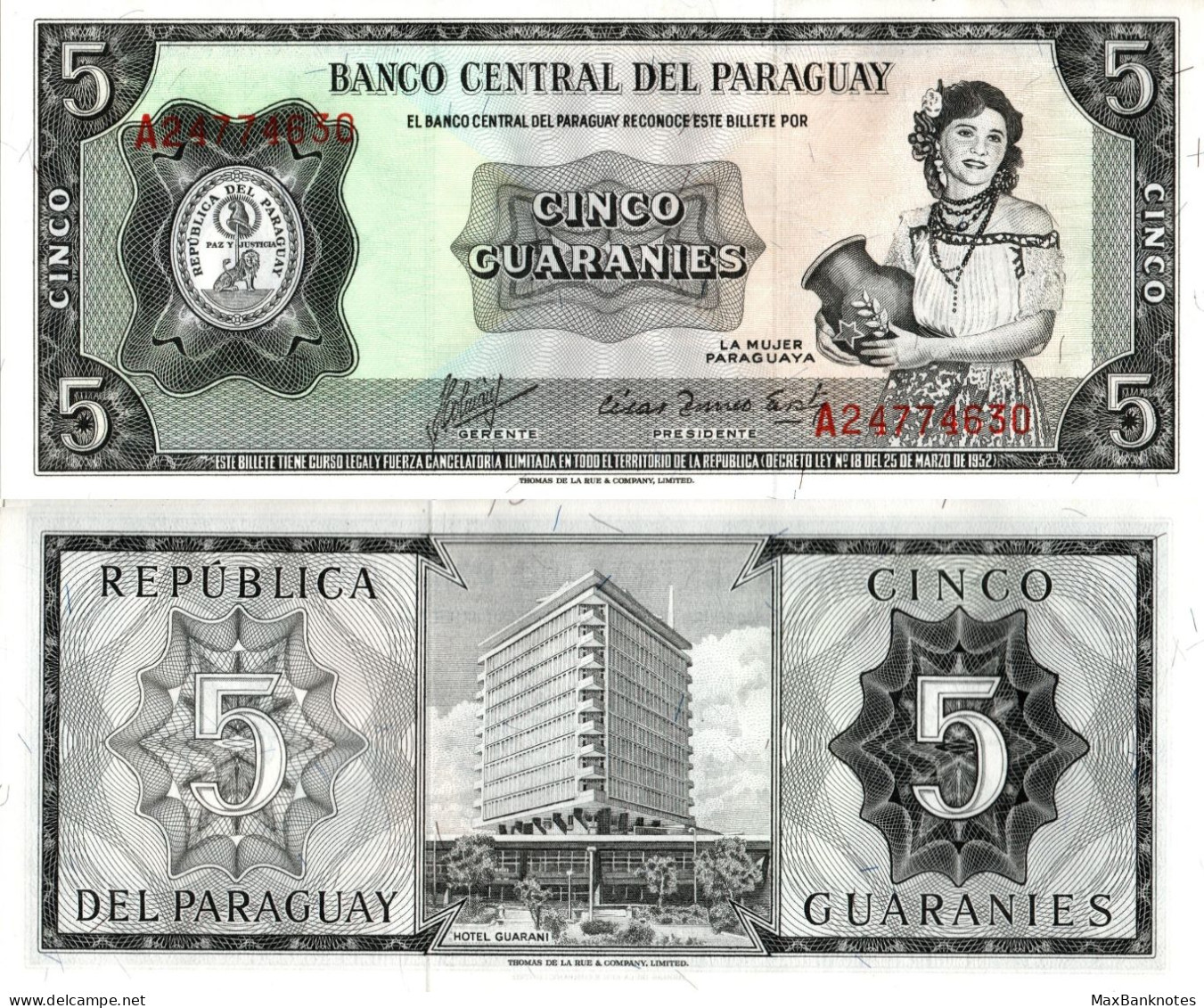 Paraguay / 5 Guaranies / 1952 / P-195(b) / AUNC - Paraguay