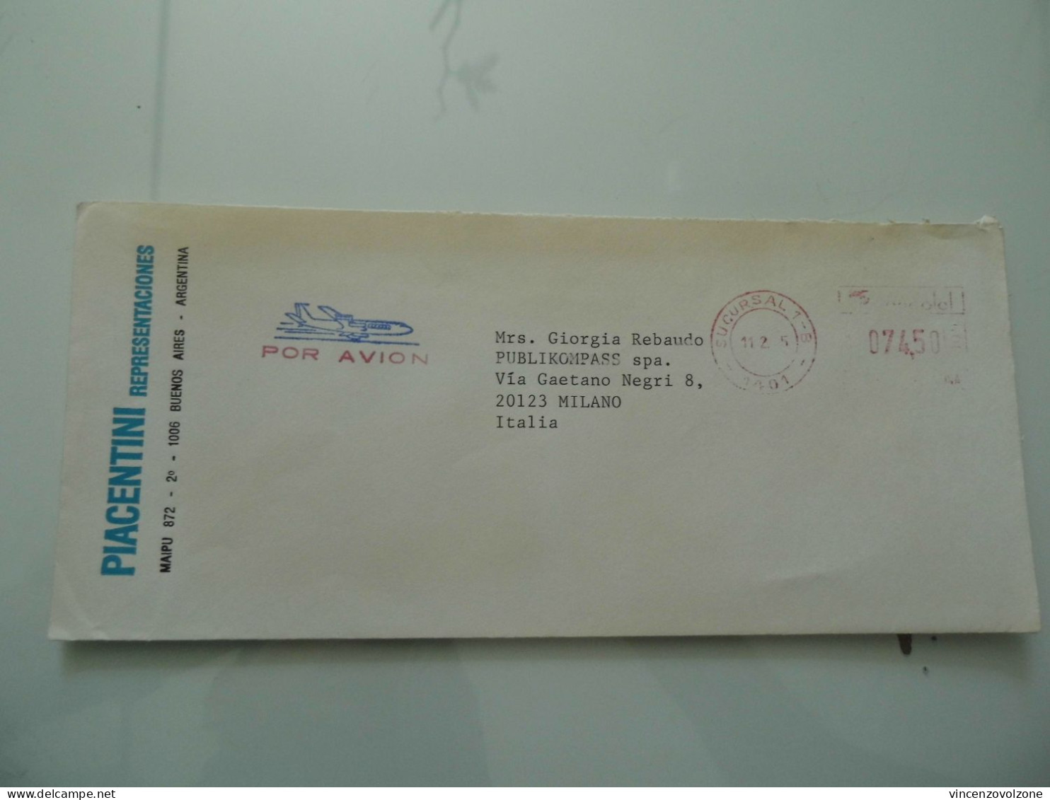 Busta Viaggiata Per L'italia "PIACENTINI RAPRESENTACIONES MAIPU - BUENOS AIRES ARGENTINA" 1995 - Lettres & Documents