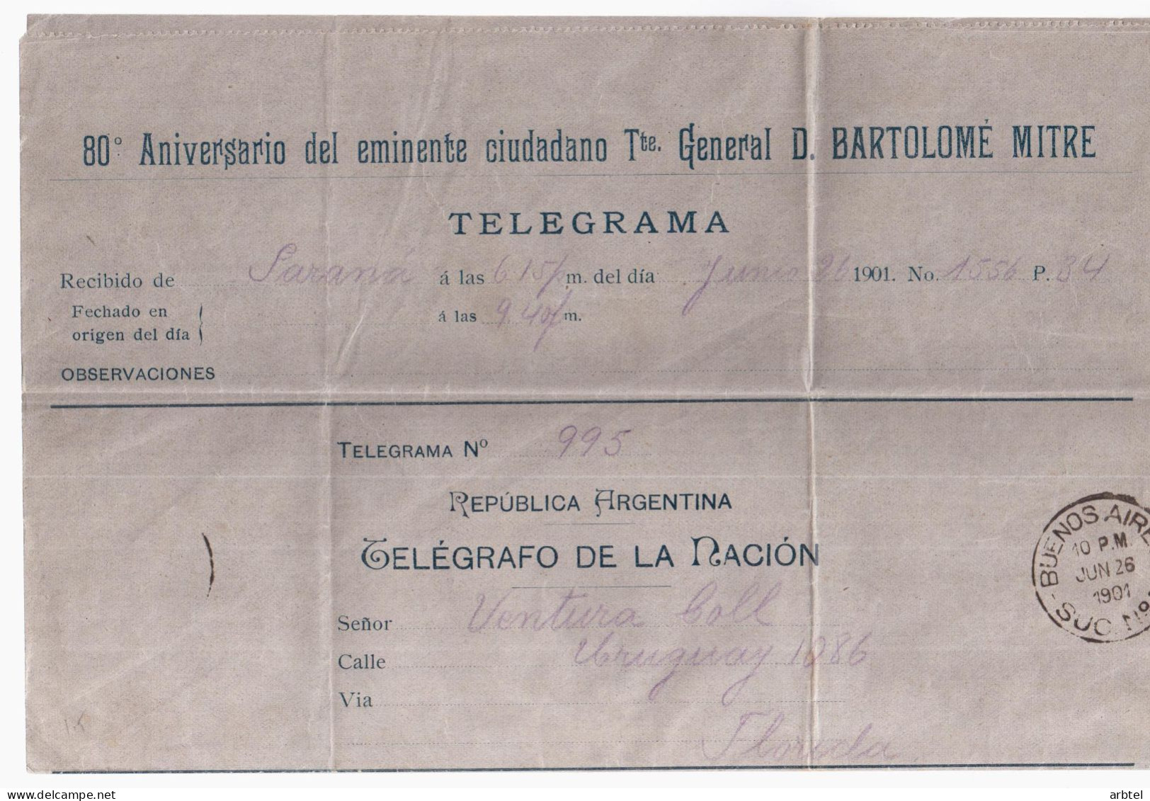 ARGENTINA TELEGRAMA 1901 80 ANIVERSARIO DEL GENERAL BARTOLOME MITRE - Télégraphes