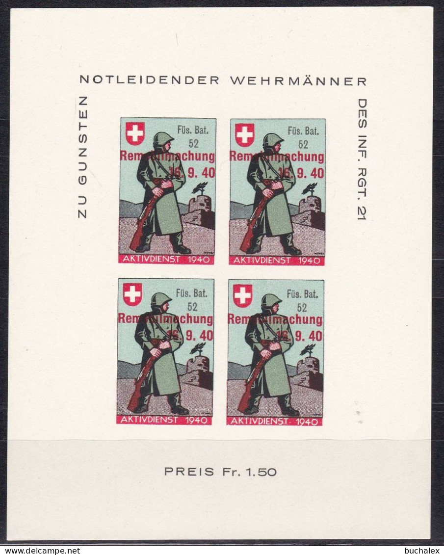 Schweiz Soldatenmarken Kleinbogen Ungezähnt Mit Aufdruck Remobilmachung 16.9.40 Postfrisch Füs.Bat. 52 - Autres & Non Classés