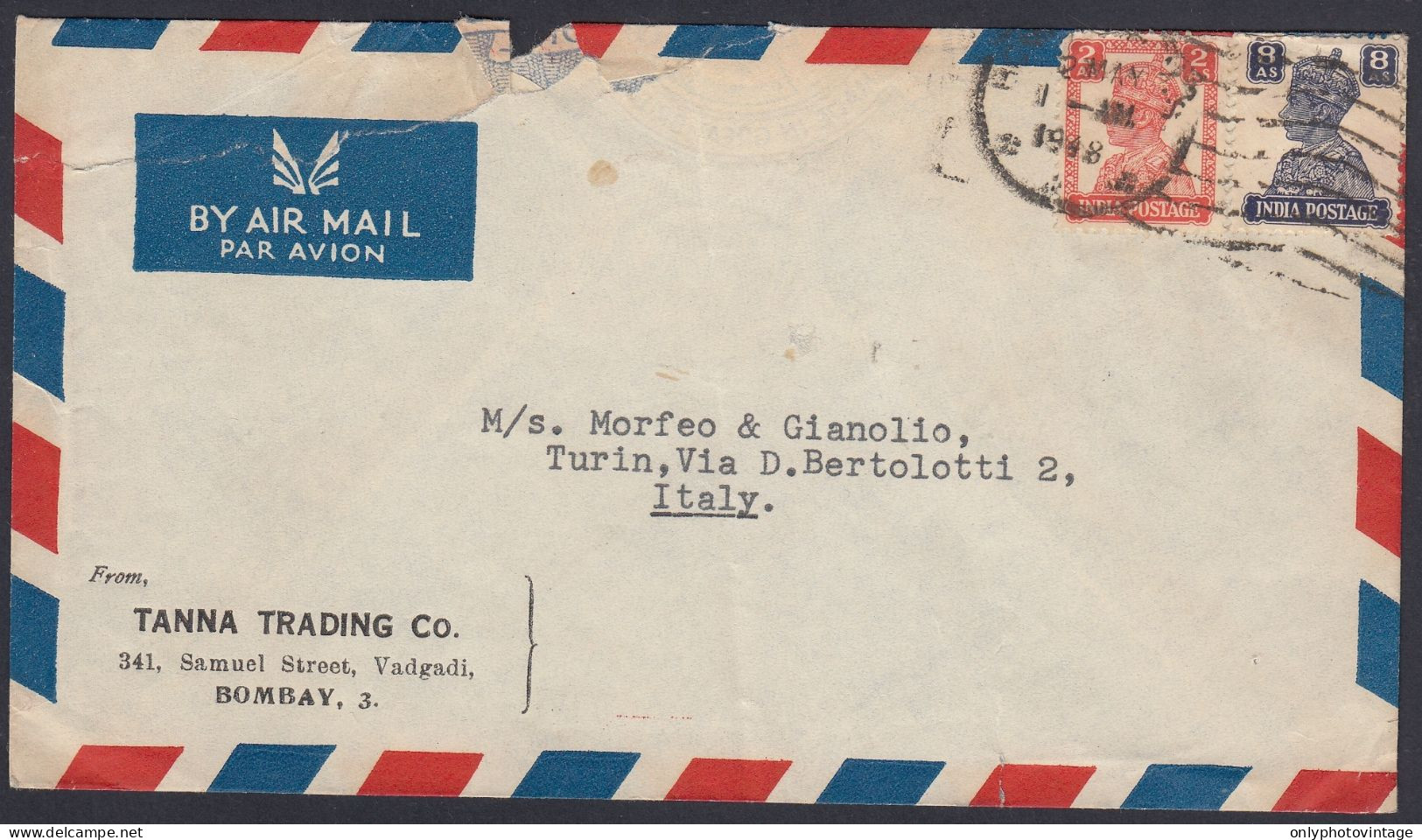 Bombay 1948, Mumbay, India, Air Mail Per Torino 2 Maggio 1948, Storia Postale, Busta, Cover, Tanna Trading Co. - Briefe U. Dokumente
