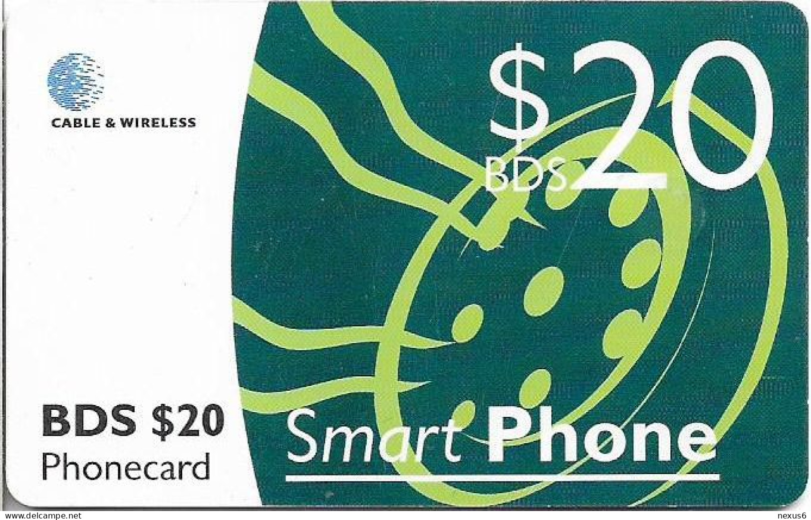 Barbados - C&W (Chip) - Green Smart Phone (With Message ''Inside This Side Up''), Gem5 Red, 2000, 20Bds$, Used - Barbados