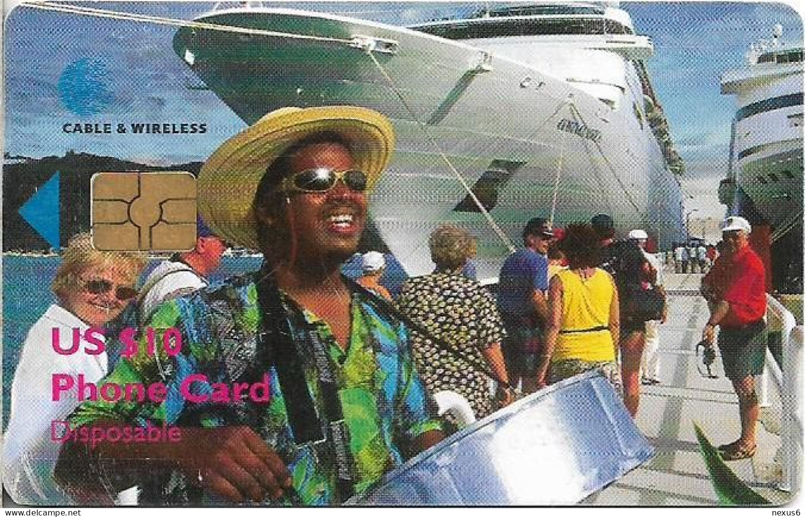 British Virgin Islands - C&W (Chip) - Man Drums Cruiseship, Gem5 Black, Cn. Long 20mm, 1998, 10$, Used - Virgin Islands