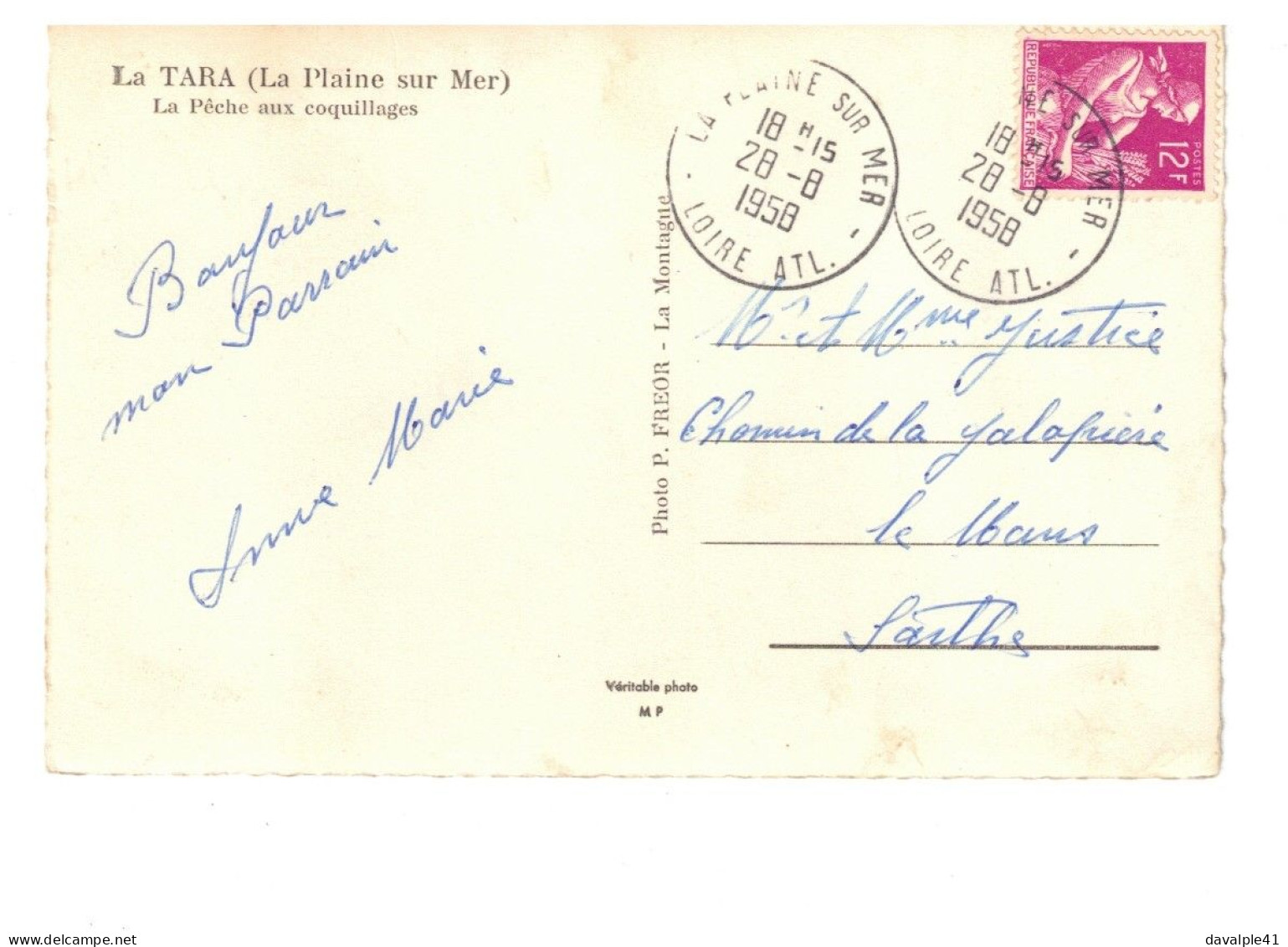 44  LA  PLAINE SUR MER  PECHE  AUX  COQUILLAGES   1958  BON ETAT  2 SCANS - La-Plaine-sur-Mer