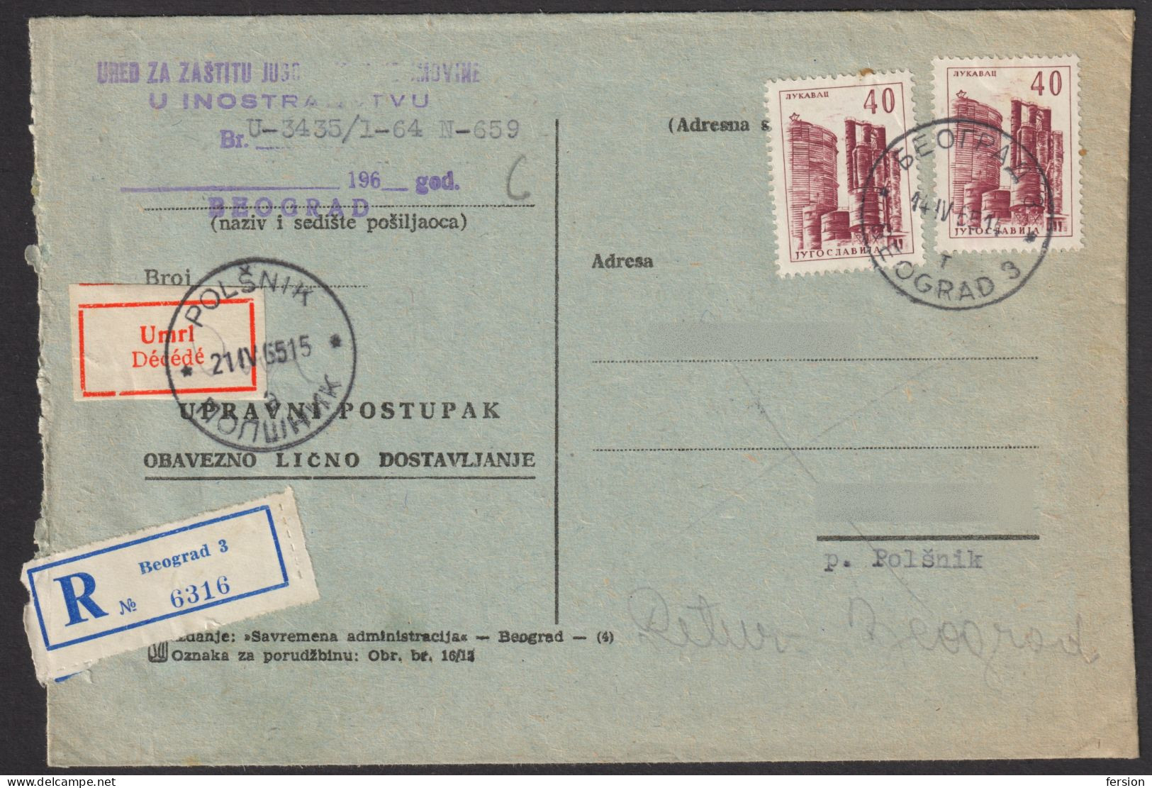 Death Décédé Vignette Label YUGOSLAVIA Registered Cover / AVIS De Réception Return Receipt POLSNIK Slovenia Postmark - Service