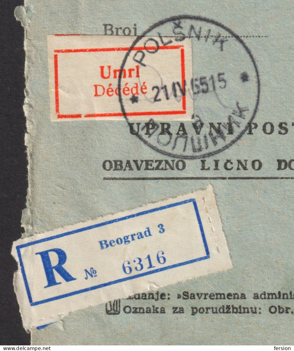 Death Décédé Vignette Label YUGOSLAVIA Registered Cover / AVIS De Réception Return Receipt POLSNIK Slovenia Postmark - Dienstmarken