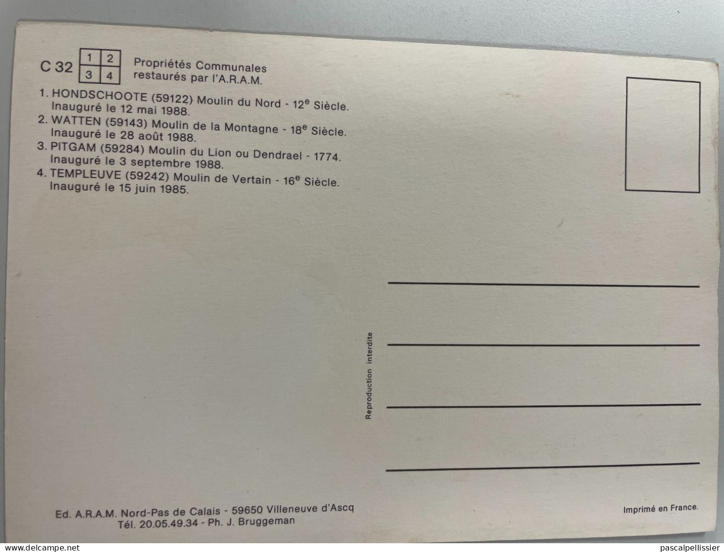 CPM - 59 - MOULINS A VENT - C32 - 4 Moulins : WATTEN, PITGAM, TEMPLEUVE - ARAM Nord Pas-de-Calais - Hondshoote