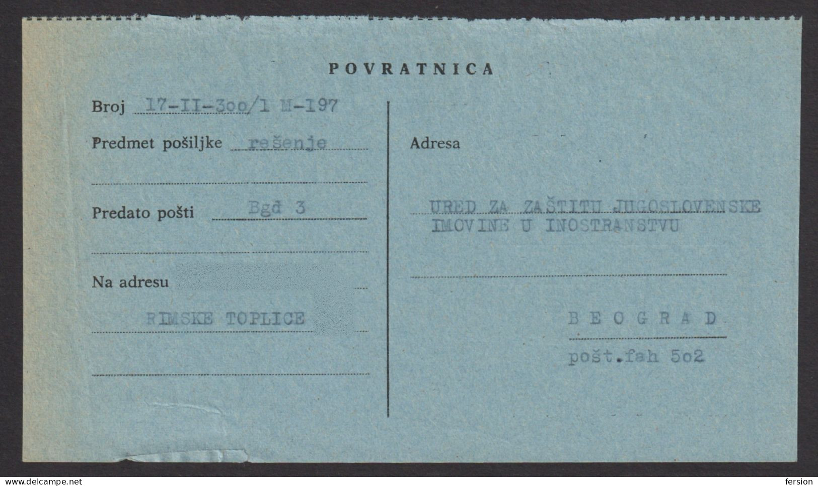 YUGOSLAVIA Official Letter - Registered Postcard / AVIS De Réception Return Receipt RIMSKE TOPLICE Slovenia 1965 - Service