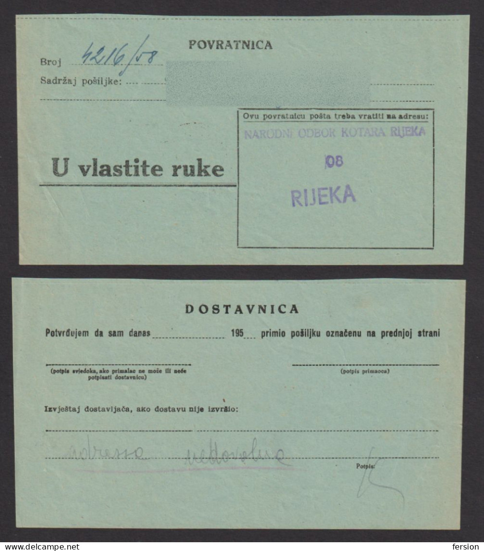 YUGOSLAVIA Official Letter - Registered Postcard / AVIS De Réception Return Receipt FIUME Rijeka CROATIA 1955 - Service