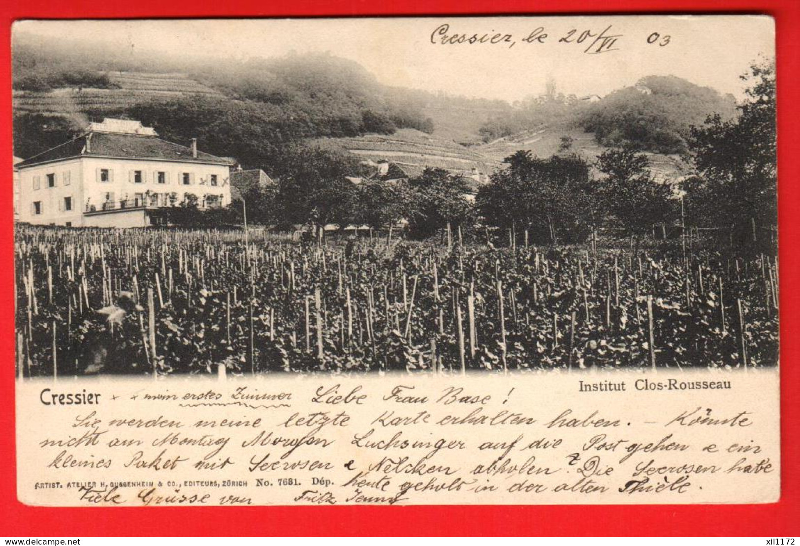 ZVU-33  Cressier Vignoble Et Institut Clos-Rousseau. Circulé 1903  Guggenheim 7681  Dos Simple - Cressier