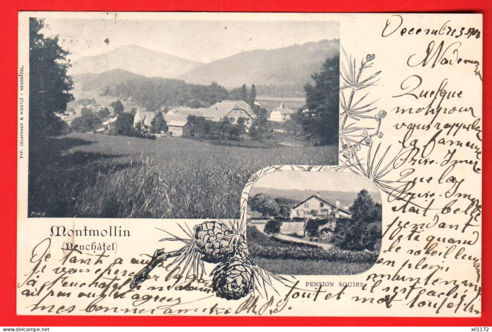 ZVU-38 TRES RARE Montmollin  Val-de-Ruz Multivues Pension Squire Litho Fantaisie.  Circulé 1900 - Montmollin