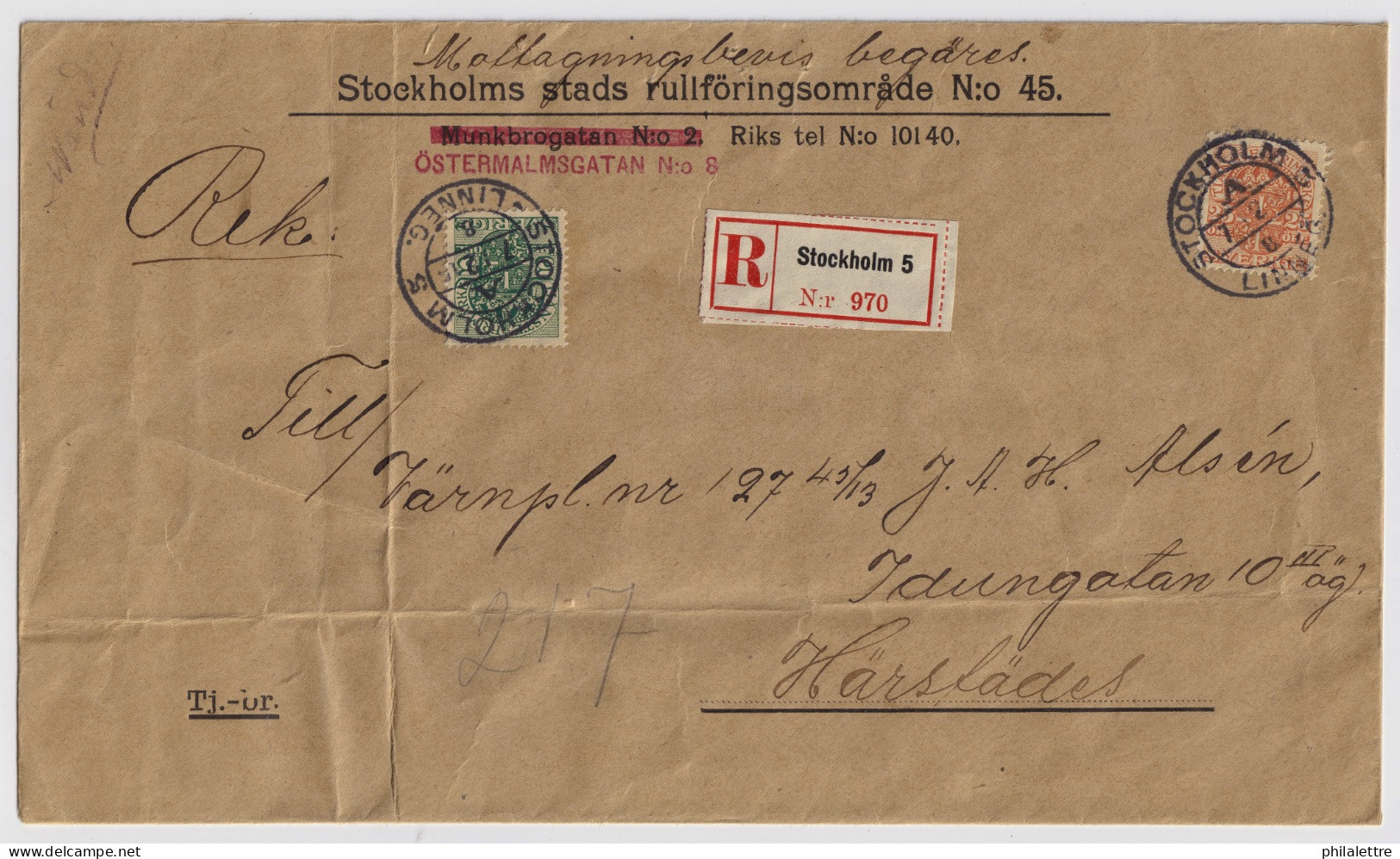 SWEDEN - 1915 ( Dec 7) - Facit TJ44 & TJ51on Official Registered Cover Sent Locally In Stockholm - Dienstmarken
