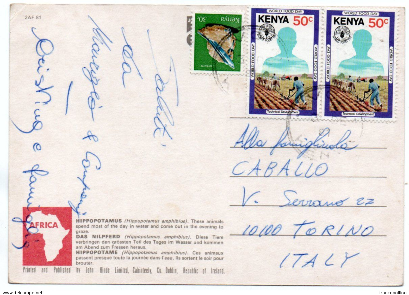 AFRICAN WILDLIFE-HIPPOPOTAMUS / HYPPOS (PUBL. JOHN HINDE) / WITH KENYA THEMATIC STAMPS-F.A.O/ MINERALS - Kenya