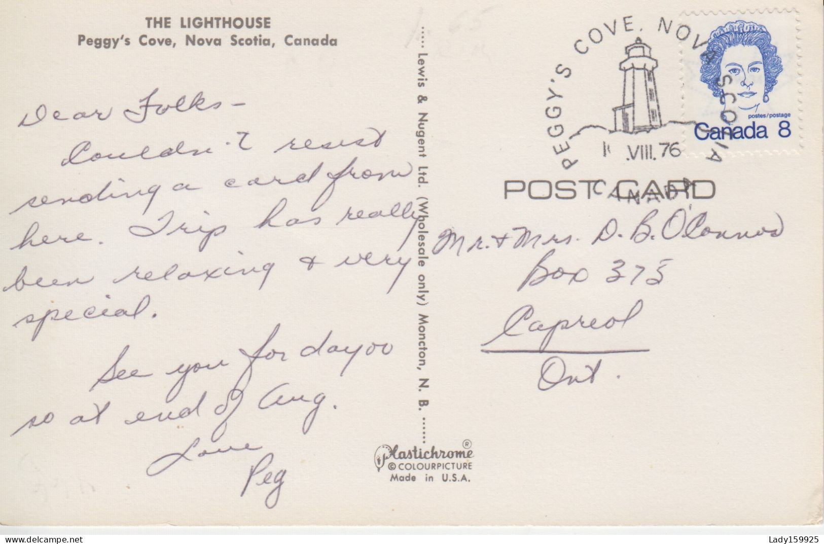 Peggy's Cove Nova Scotia Canada. Lighthouse, Phare  Promontoire Rocheux Cachet Peggy's Cove Bureau De Poste - Other & Unclassified